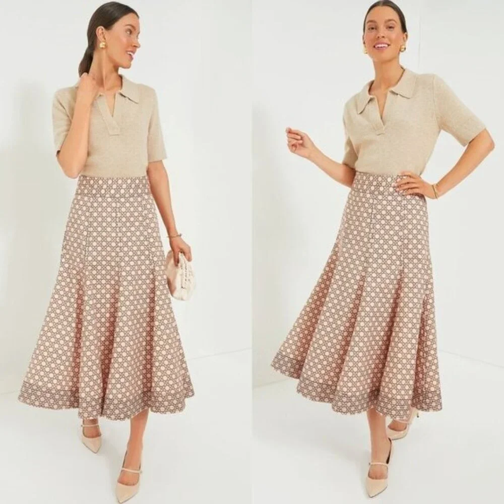 Tuckernuck NEW Petal Cane Brynn Geometric Pink Retro Pleated Midi Skirt Size 2 - Picture 2 of 12